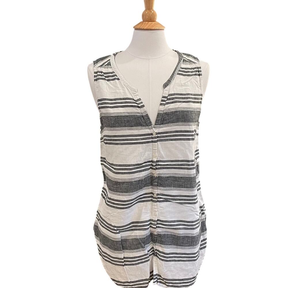 Old Navy Black & White Stripe Sleeveless Button Down Linen Tunic, Size L
